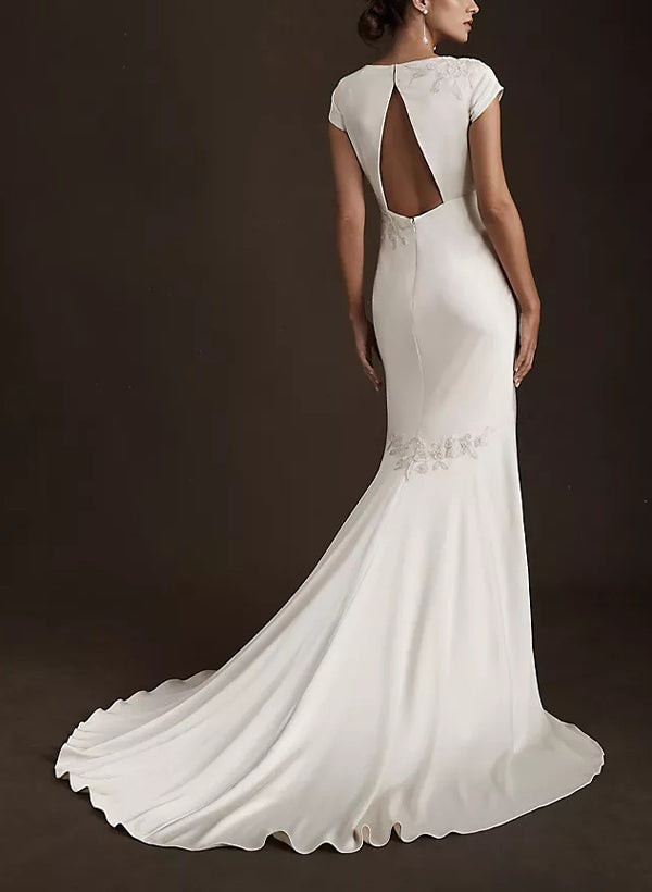 Elegant Satin Wedding Dresses V-neck Appliques Lace-Dbrbridal