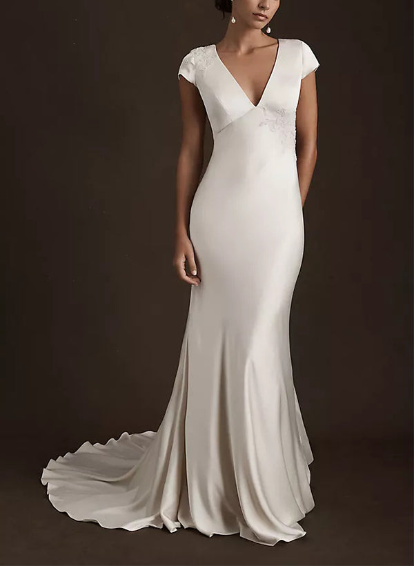 Elegant Satin Wedding Dresses V-neck Appliques Lace-Dbrbridal