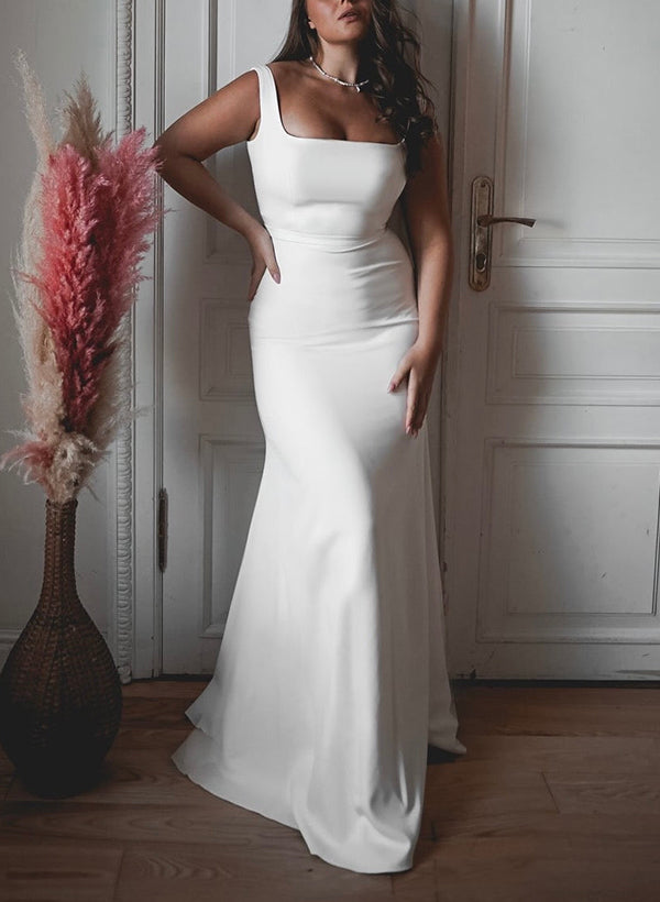 Elegant Sheath Fitted Square Neckline Elastic Satin Wedding Dresses Floor-Length-Dbrbridal