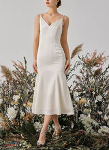 Elegant Silk Like Satin Wedding Dresses Sheath Fitted V-Neck Sleeveless-Dbrbridal