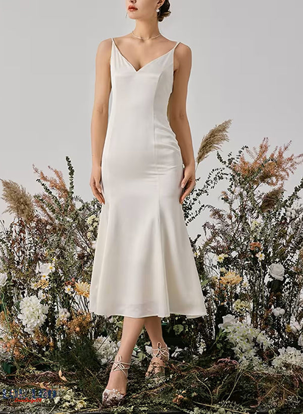 Elegant Silk Like Satin Wedding Dresses Sheath Fitted V-Neck Sleeveless-Dbrbridal