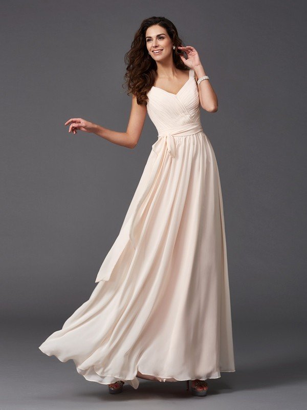 Elegant Straps Sash/Ribbon/Belt Sleeveless Long Chiffon Bridesmaid Dresses-Dbrbridal