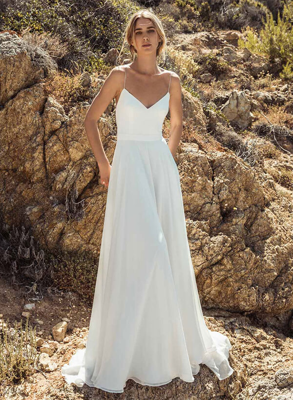 Elegant Sweep Train Open Back Chiffon Wedding Dresses-Dbrbridal