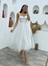 Elegant Sweetheart Chic A-line Little White Tulle Wedding Dresses Beaded-Dbrbridal