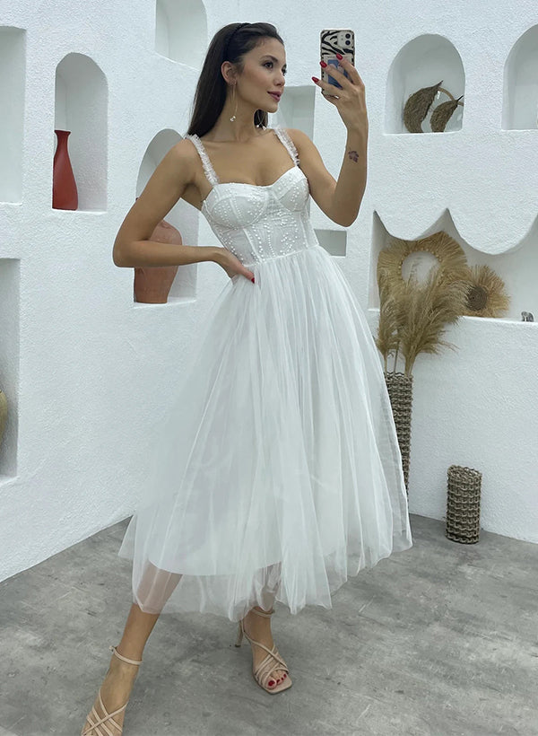 Elegant Sweetheart Chic A-line Little White Tulle Wedding Dresses Beaded-Dbrbridal