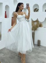 Elegant Sweetheart Chic A-line Little White Tulle Wedding Dresses Beaded-Dbrbridal