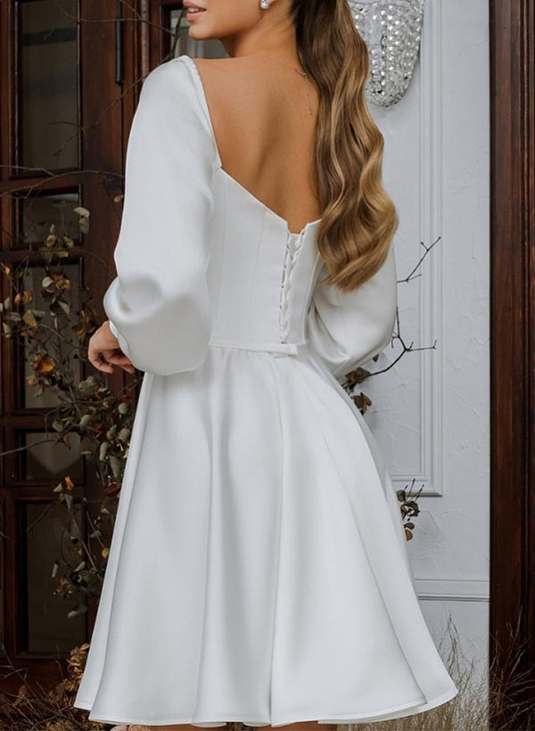 Elegant Sweetheart Chic A-line Wedding Dress Long Sleeves in Knee-Length Satin-Dbrbridal