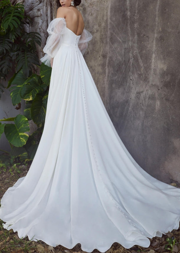 Elegant Sweetheart Chic A-line Wedding Dresses Elastic Satin Court Train-Dbrbridal