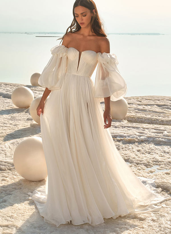 Elegant Sweetheart Chiffon Wedding Dress Front Split Chic A-line Sweep Train-Dbrbridal