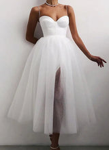 Elegant Sweetheart Little White Tulle Wedding Dress Split Front-Dbrbridal