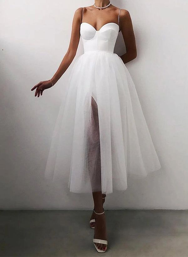 Elegant Sweetheart Little White Tulle Wedding Dress Split Front-Dbrbridal