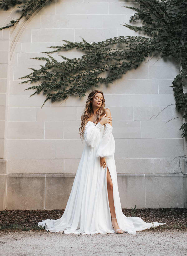 Elegant Sweetheart Long Sleeves Chiffon Sweep Train Wedding Dress-Dbrbridal