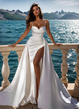 Elegant Sweetheart Neckline Sweep Train Satin Panel Wedding Dress Front Split-Dbrbridal