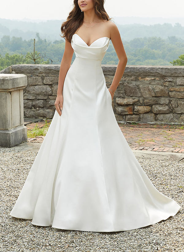 Elegant Sweetheart Sleeveless Chic A-line Satin Wedding Dresses Sweep Train-Dbrbridal