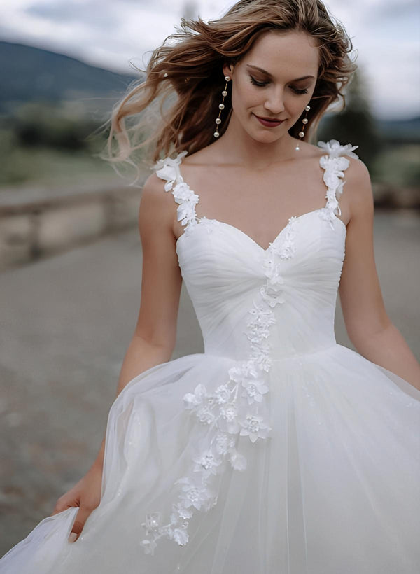 Elegant Sweetheart Sleeveless Court Train Tulle Wedding Dress Appliques Lace-Dbrbridal