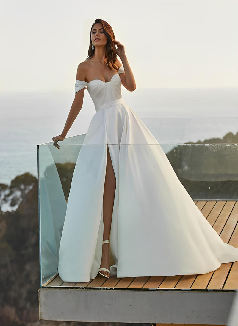 Elegant Sweetheart Sleeveless Satin Wedding Dress Split Front-Dbrbridal