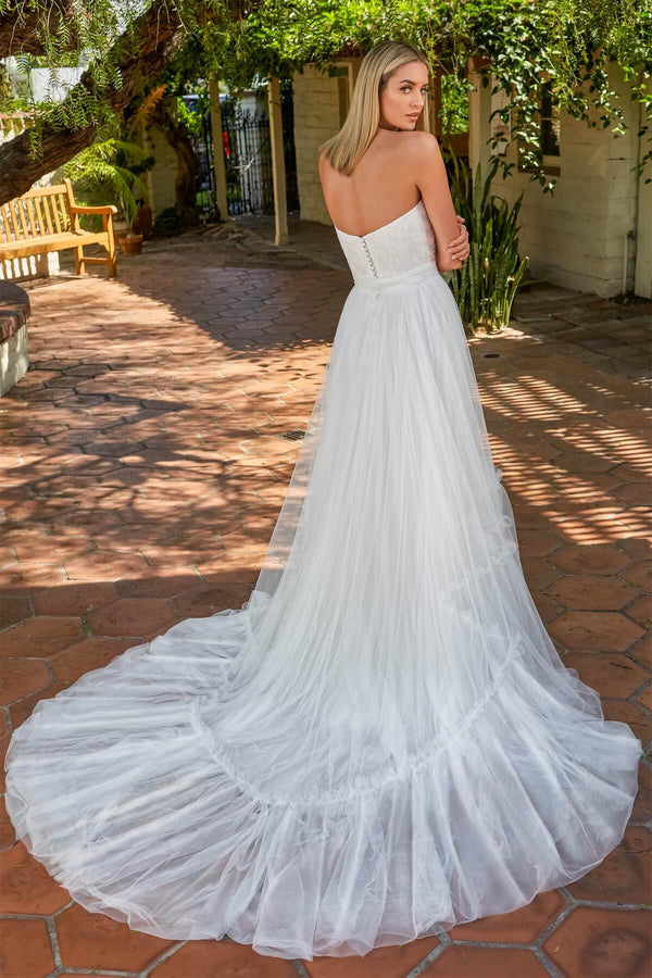 Elegant Sweetheart Sleeveless Sweep Train Tulle Wedding Dresses-Dbrbridal