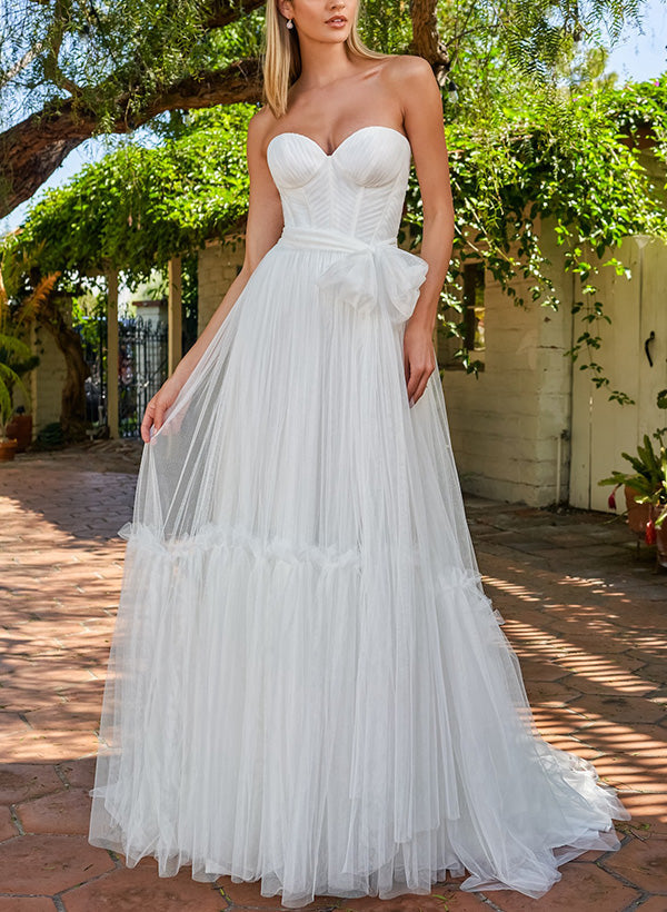 Elegant Sweetheart Sleeveless Sweep Train Tulle Wedding Dresses-Dbrbridal