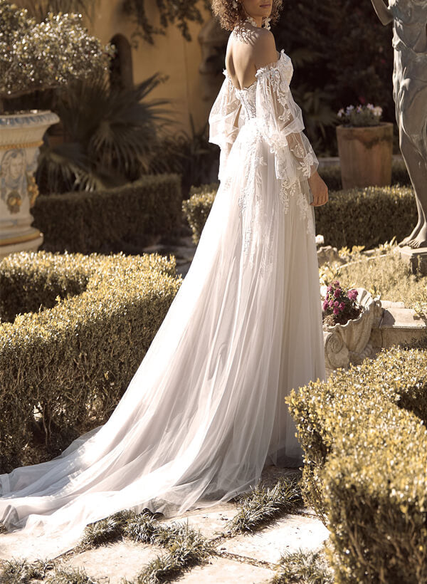 Elegant Sweetheart Wedding Dress Chic A-line Sweep Train Long Sleeves-Dbrbridal