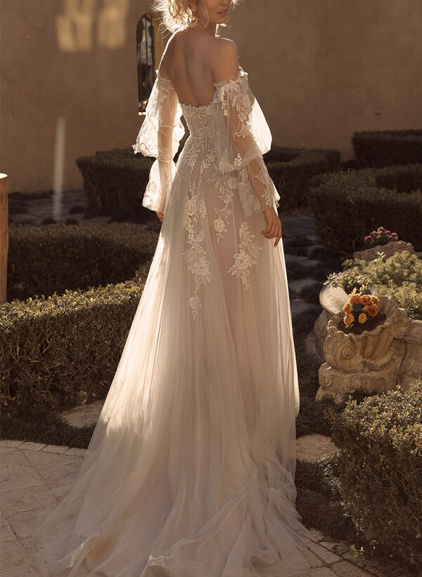 Elegant Sweetheart Wedding Dress Chic A-line Sweep Train Long Sleeves-Dbrbridal