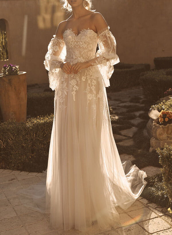 Elegant Sweetheart Wedding Dress Chic A-line Sweep Train Long Sleeves-Dbrbridal