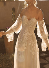 Elegant Sweetheart Wedding Dress Chic A-line Sweep Train Long Sleeves-Dbrbridal