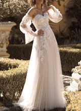 Elegant Sweetheart Wedding Dress Chic A-line Sweep Train Long Sleeves-Dbrbridal