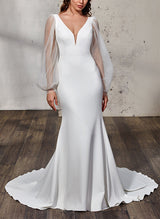 Elegant Trumpet Mermaid Fitted V-Neck Long Sleeves Wedding Dresses-Dbrbridal