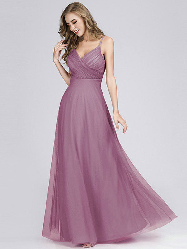 Elegant Tulle A Line V Neck Floor Length Wedding Party Bridesmaid Dress-Dbrbridal