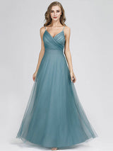 Elegant Tulle A Line V Neck Floor Length Wedding Party Bridesmaid Dress-Dbrbridal