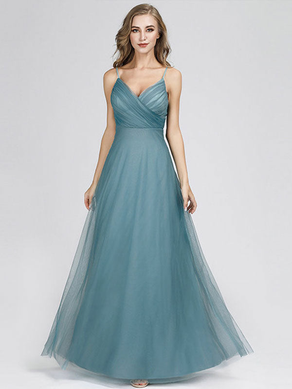 Elegant Tulle A Line V Neck Floor Length Wedding Party Bridesmaid Dress-Dbrbridal