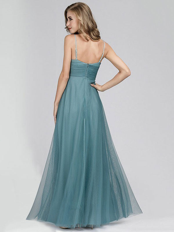 Elegant Tulle A Line V Neck Floor Length Wedding Party Bridesmaid Dress-Dbrbridal