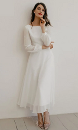 Elegant Wedding Dresses A-Line Jewel Neck Long Sleeves Ankle-Length Zipper Chiffon Bridal Gown-Dbrbridal