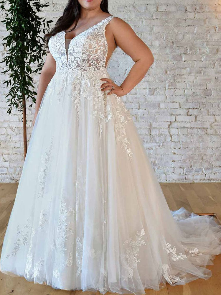 Elegant Wedding Dresses A-Line V-Neck Sleeveless Backless Natural Waist Lace Bridal Gown-Dbrbridal