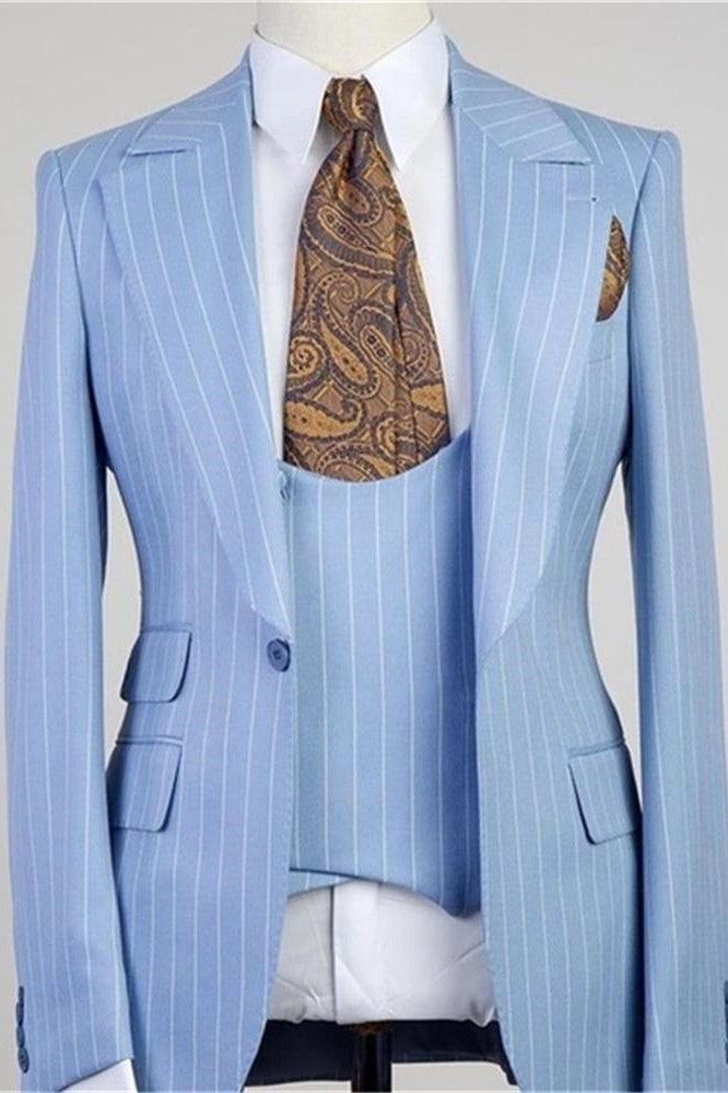 Fabulous Blue Stripe Peaked Lapel Three Pieces Men Suits-Dbrbridal