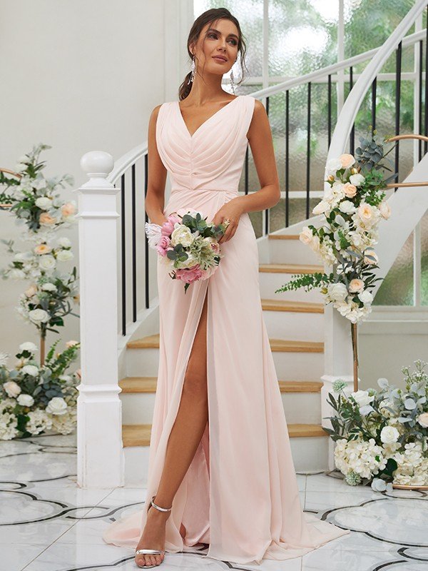 Fabulous Chiffon V-neck Sleeveless Bridesmaid Dresses-Dbrbridal