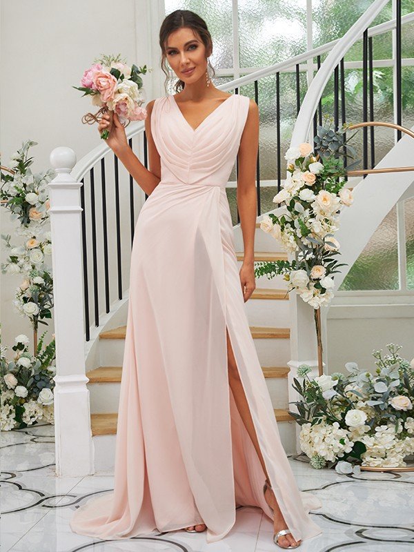 Fabulous Chiffon V-neck Sleeveless Bridesmaid Dresses-Dbrbridal