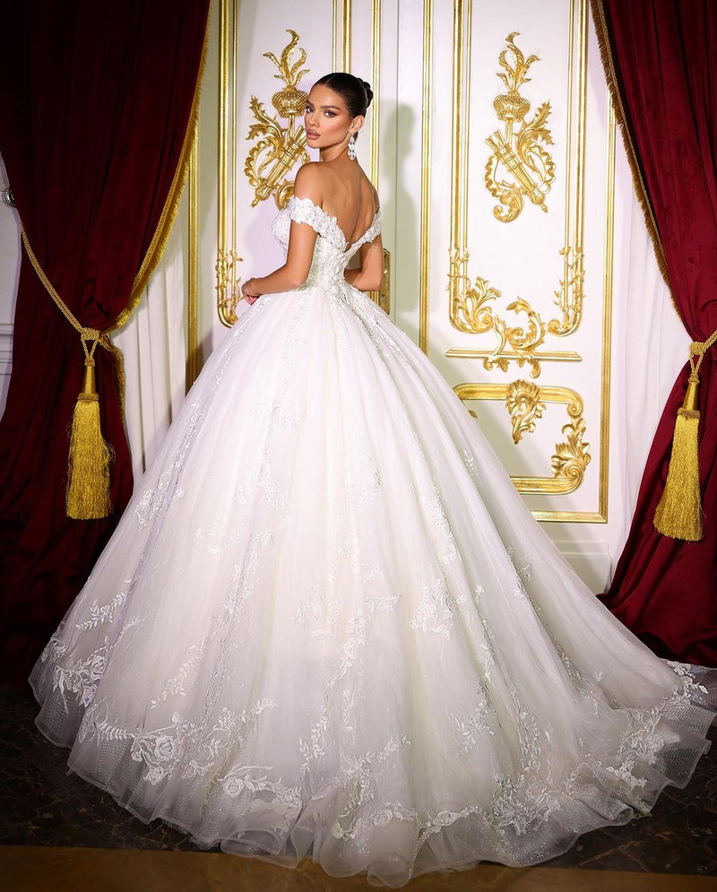 Fabulous Long A-line Off-the-shoulder V-neck Appliques Wedding Dress-Dbrbridal