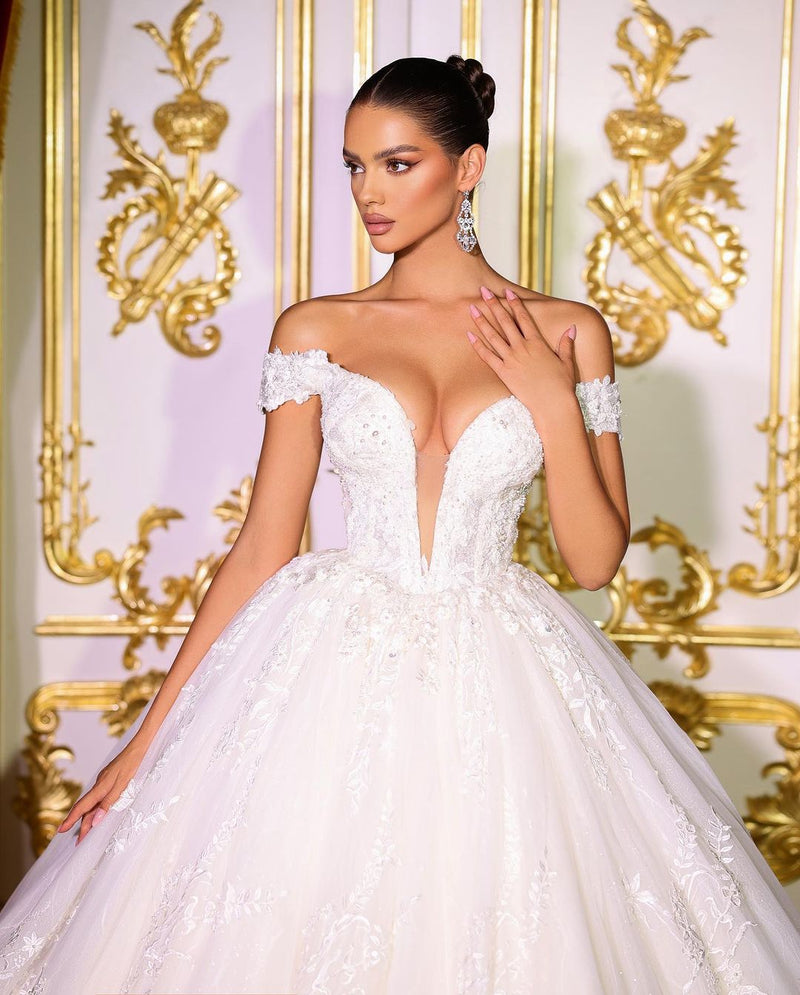 Fabulous Long A-line Off-the-shoulder V-neck Appliques Wedding Dress-Dbrbridal