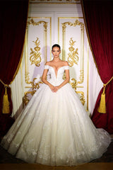 Fabulous Long A-line Off-the-shoulder V-neck Appliques Wedding Dress-Dbrbridal