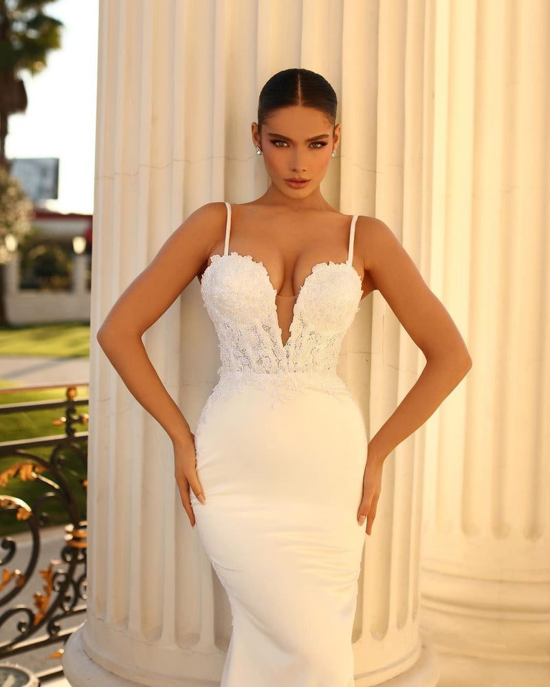 Fabulous Long Ivory Mermaid Spaghetti Straps Lace Satin Laced-up Wedding Dress-Dbrbridal