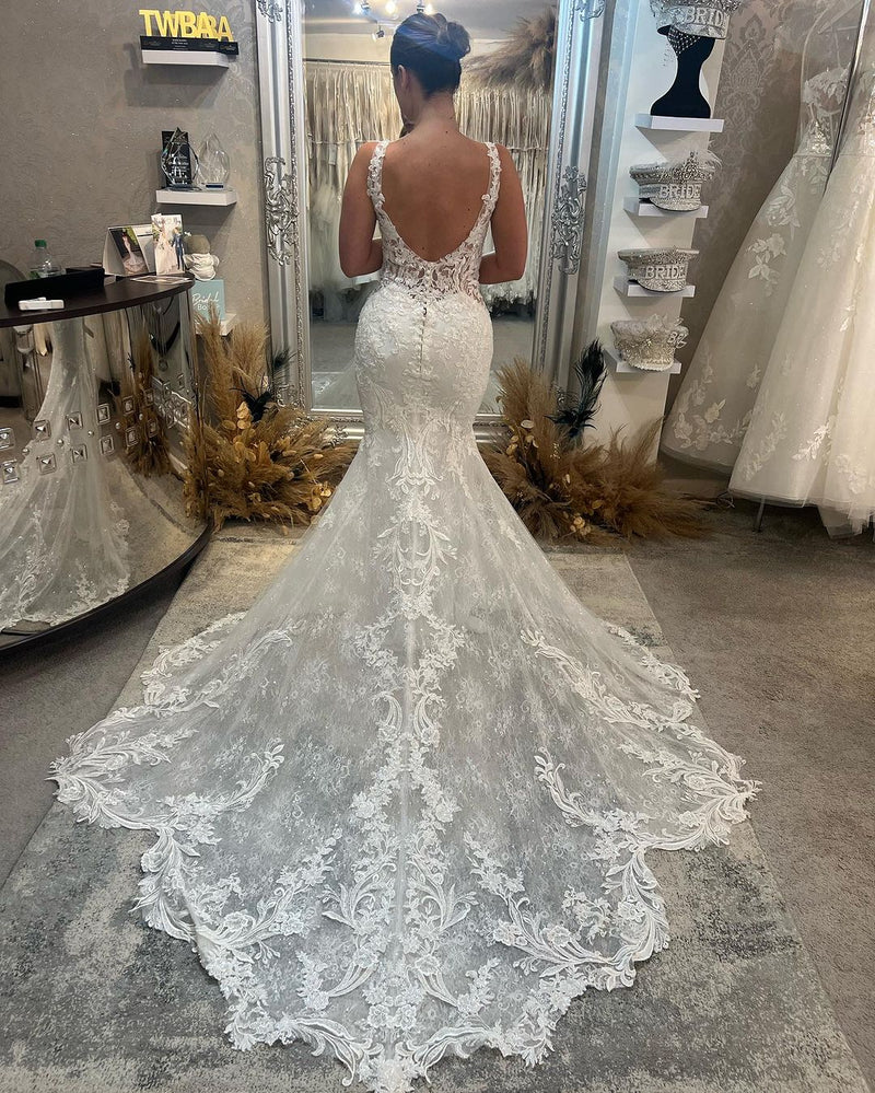 Fabulous Long Mermaid V-neck Sleeveless Lace Backless Wedding Dress-Dbrbridal