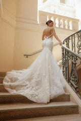 Fabulous Long Mermaid V-neck Spaghetti Straps Wedding Dresses with Lace-Dbrbridal