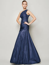 Fabulous Sleeveless One Shoulders Pleats Long Taffeta Bridesmaid Dresses-Dbrbridal