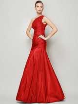 Fabulous Sleeveless One Shoulders Pleats Long Taffeta Bridesmaid Dresses-Dbrbridal