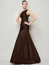 Fabulous Sleeveless One Shoulders Pleats Long Taffeta Bridesmaid Dresses-Dbrbridal