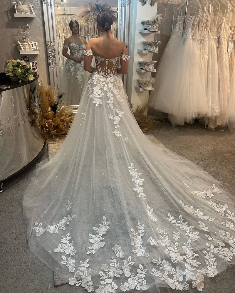 Fashion Long A-line Off-the-shoulder Sweetheart Appliques Glitter Wedding Dress-Dbrbridal