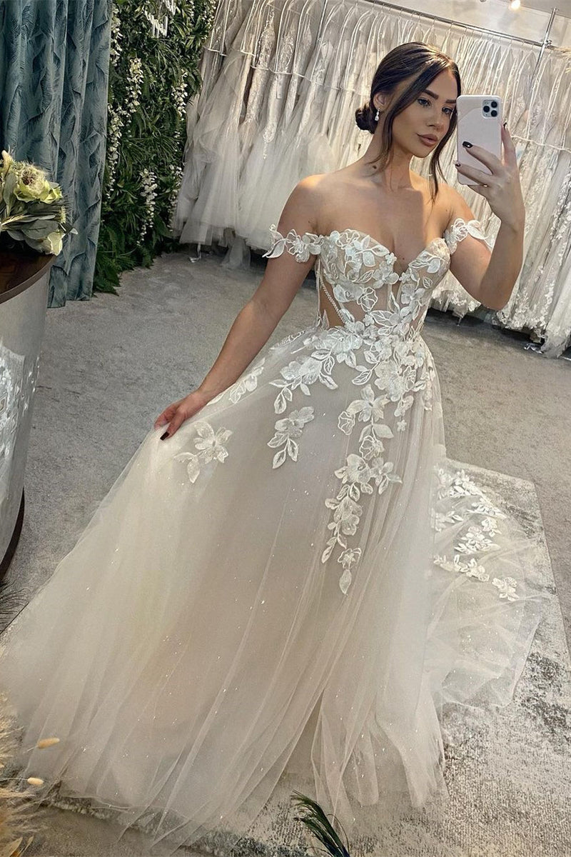 Fashion Long A-line Off-the-shoulder Sweetheart Appliques Glitter Wedding Dress-Dbrbridal