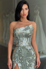 Fashion Silver Asymmetric neckline High split Prom Dress Sequin-Dbrbridal