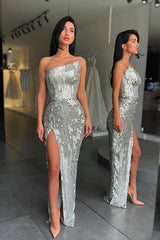 Fashion Silver Asymmetric neckline High split Prom Dress Sequin-Dbrbridal